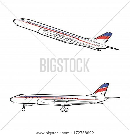 Vector illustration of a passenger jet in the static state and in flight on a white background
