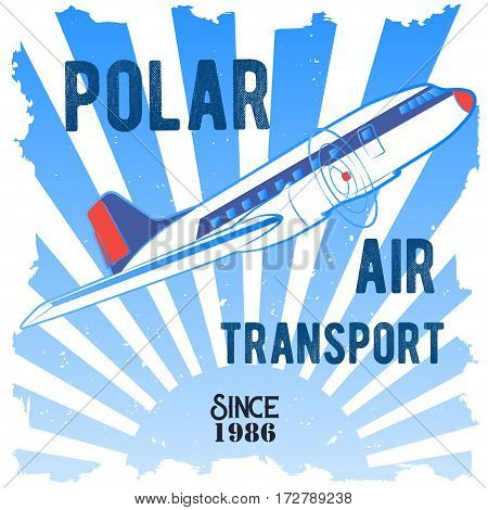 Vector color illustrations emblema depicting the northern transportation Passenger propeller aircraft, the rising winter sun and a phrase with the words polar air transport in retro style