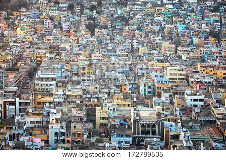 Aerial view of Vijayawada city in India, August 29,2012 in Vijayawada, India.The Andhra Pradesh state government would make a new capital city for the truncated state in the areas around Vijayawada