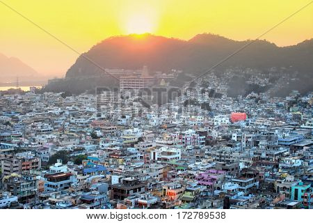 Aerial view of Vijayawada city in India, August 29,2012 in Vijayawada, India.The Andhra Pradesh state government would make a new capital city for the truncated state in the areas around Vijayawada