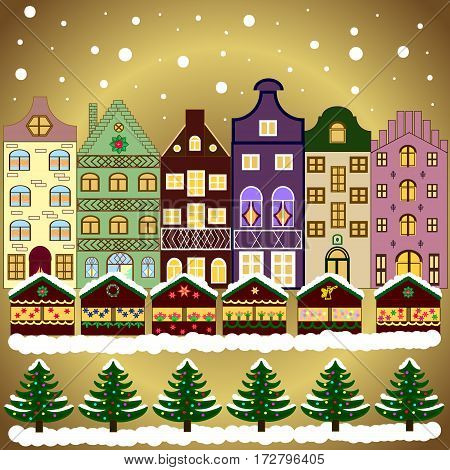 Holiday Background With A Christmas Tree And Presents With Santa Hat. Vector Illustration.