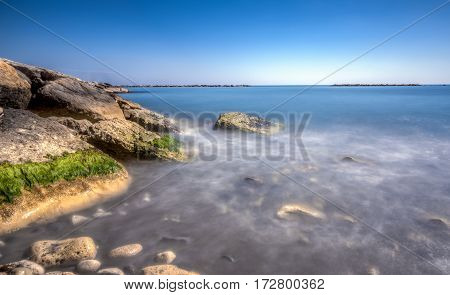 Scenic Blue Beach With Clear Sea Waters At Germasogia, Limassol Cyprus