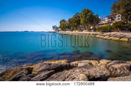 Scenic Blue Beach With Clear Sea Waters At Germasogia, Limassol Cyprus