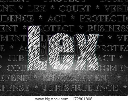 Law concept: Glowing text Lex in grunge dark room with Dirty Floor, black background with  Tag Cloud
