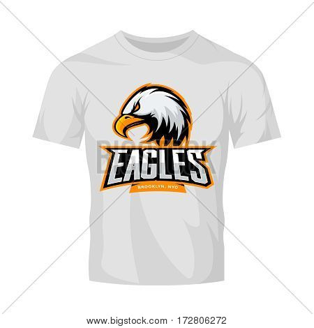 Furious eagle sport vector logo concept isolated on white t-shirt mockup. Modern web infographic New York Brooklyn team pictogram.
Premium quality wild bird t-shirt tee print illustration