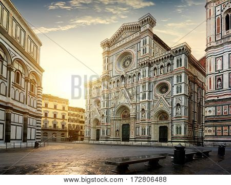 Facade of famous basilica in Florence at sunrise
