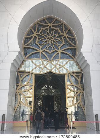 ABU DHABI, UAE-FEB 11, 2017: Sheikh Zayed Grand Mosque in Abu Dhabi, United Arab Emirates. It is the key place of worship and may be visited by more than 40,000 people during Eid.