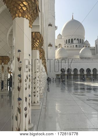 ABU DHABI, UAE-FEB 11, 2017: Sheikh Zayed Grand Mosque in Abu Dhabi, United Arab Emirates. It is the key place of worship in the UAE and may be visited by more than 40,000 people during Eid.