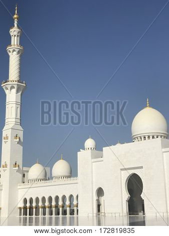 ABU DHABI, UAE-FEB 11, 2017: Sheikh Zayed Grand Mosque in Abu Dhabi, United Arab Emirates. It is the key place of worship in the UAE and may be visited by more than 40,000 people during Eid.