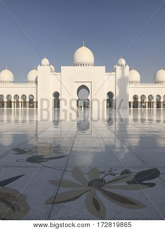 ABU DHABI, UAE-FEB 11, 2017: Sheikh Zayed Grand Mosque in Abu Dhabi, United Arab Emirates. It is the key place of worship in the UAE and may be visited by more than 40,000 people during Eid.