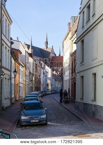 WISMAR GERMANY - February 21 2017: View of Wismar Old Town streets with vintage houses
