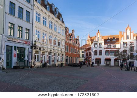 WISMAR GERMANY - February 21 2017: View of Wismar Old Town streets with vintage houses