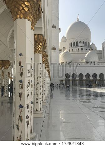 ABU DHABI, UAE-FEB 11, 2017: Sheikh Zayed Grand Mosque in Abu Dhabi, United Arab Emirates. It is the key place of worship in the UAE and may be visited by more than 40,000 people during Eid.