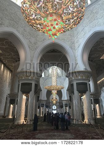 ABU DHABI, UAE-FEB 11, 2017: Sheikh Zayed Grand Mosque in Abu Dhabi, United Arab Emirates. It is the key place of worship in the UAE and may be visited by more than 40,000 people during Eid.