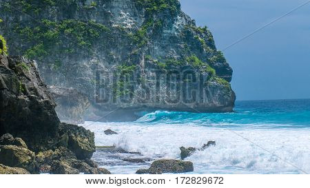 Ocean Waves on Tembeling Coastline at Nusa Penida island, Bali -Indonesia