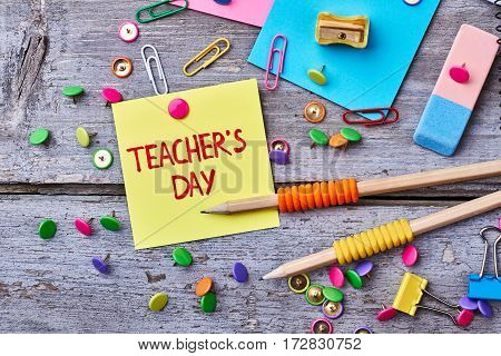 Buttons, erazer and sharpener. Warm congratulation on Teacher's Day.