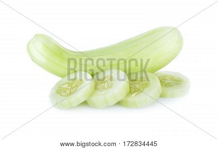 peeled and sliced fresh cucumber on white background
