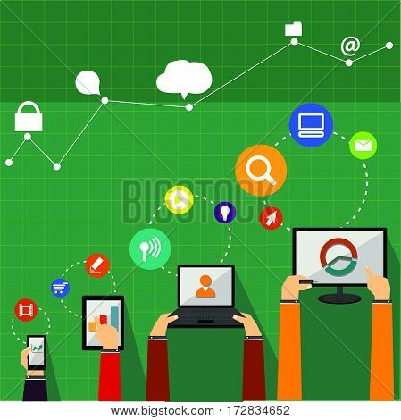 Vector A hand touch computer tablets phone with icon communication