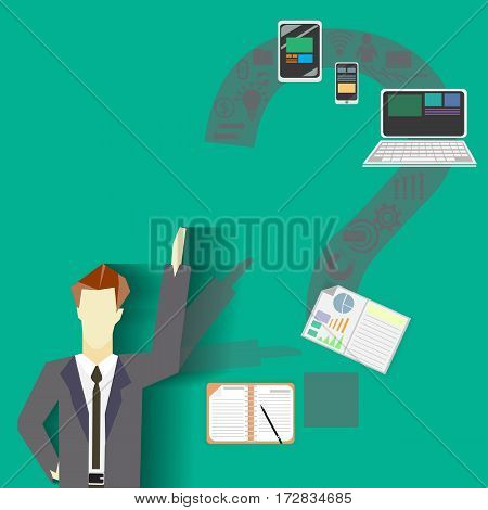 Vector business man with icons technology and phone tablet and computer