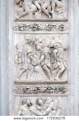 BOLOGNA, ITALY - JUNE 04: The cup hidden in Benjamin's sack by Antonio da Settignano, right door of San Petronio Basilica in Bologna, Italy, on June 04, 2015