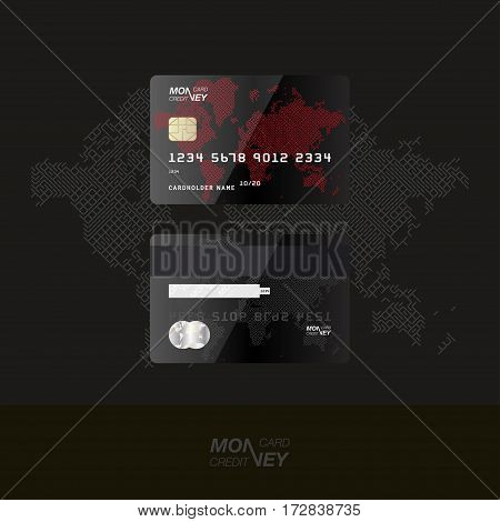 Black credit card. Front and back side of the card against the background of the digital world map. Vector illustration EPS 10