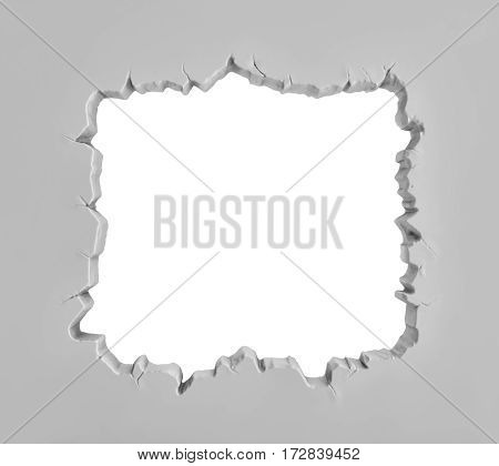 3d rendering of a grey plaster wall with a large square sharp-edged hole in the middle. Construction works. Breakage and failure. Fix and repair.