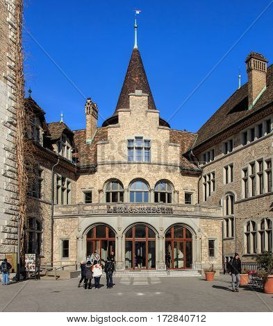 Zurich, Switzerland - 29 January, 2017: entrance to the Swiss National Museum. The Swiss National Museum (German: Landesmuseum) is one of the most important art museums of cultural history in Europe.