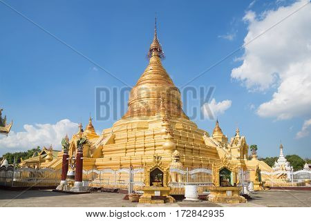 Ancient stupa of Kuthodaw Pagoda sunny day. Mandalay, Myanmar