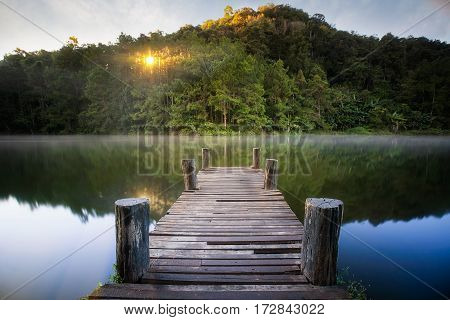 Wooded bridge over the river in Pang ung park Mae hong son - Thailand