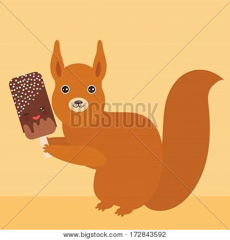red squirrel with chocolate ice cream ice lolly Kawaii with pink cheeks and winking eyes pastel colors on light orange golden background. Vector illustration