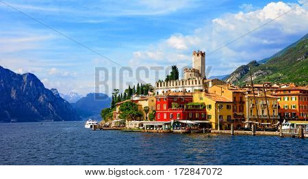 Beautiful scenic Lago di Garda - view of Malcesine village. Italy