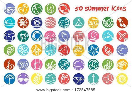 Vector doodle summer icons set. Stock cartoon round signs for design.