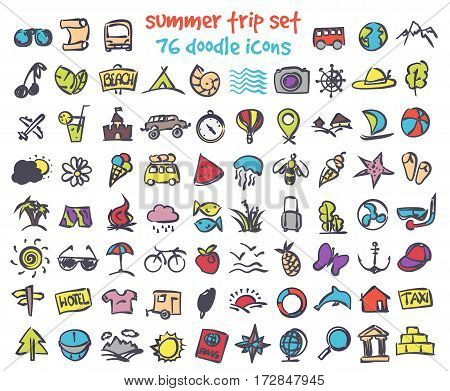 Vector doodle summer trip icons set. Stock cartoon signs for design.