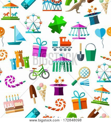 Children's entertainment and leisure, background, seamless, color, white. Vector background with objects for the entertainment of children. Colored images on a white field.