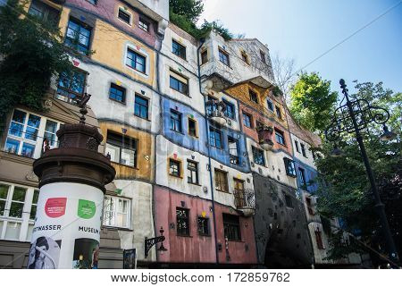 VIENNA AUSTRIA - JULY 29 2016: Hundertwasserhaus a famous building at the center of Vienna Austria.