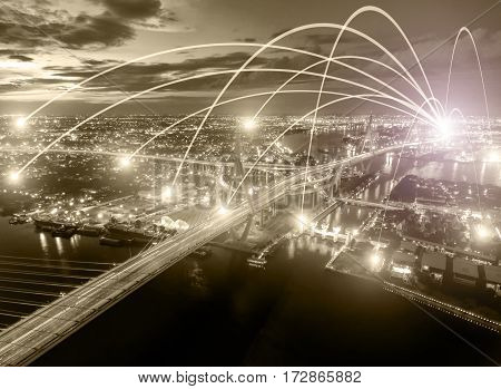 Business networking connection concept and Wi-Fi in city.Technology communication.Background blur building in the capital.