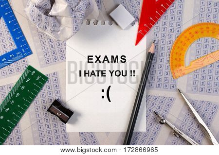 Filling Out In Answer Sheet, Pencil, Sharpener, Paper Reduction And The Word Studying Is Boring.set
