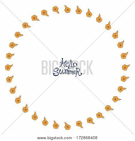 Floral frame with orange exotic flowers. Nature circle hand drawn border on white background. Vector decoration. Good for greeting cards and invitations.