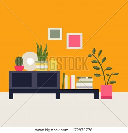 Vector illustration. Interior living room. Bookcase, potted plants, vases, paintings, decorative objects. The elements for graphic design. Flat style.