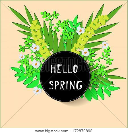 Tropical abstract palm leaves and flowers pattern. Circle frame. Hello spring. Branches and leaves of tropical plants. Vector illustration.