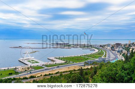 View Of The City Baku And National Flag Square