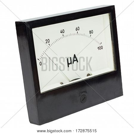 Black square analog ampermeter isolated on white background with 10 uA reading on scale.