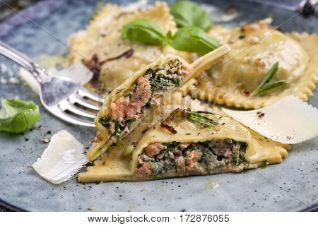 Salmon Spinach Ravioli on Plate