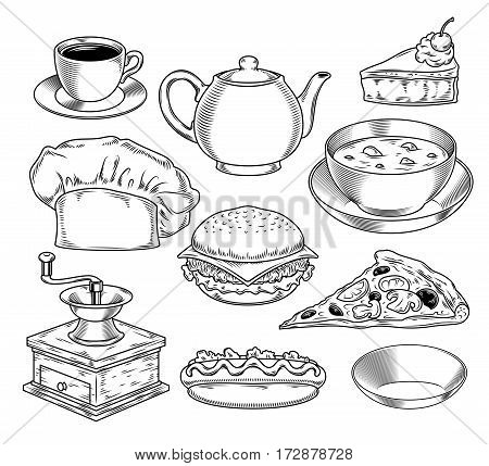 Set of vector illustrations on the theme of fast food cafe in the engraving istyle solated on white
