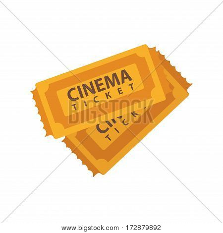 Two cinema tickets emblems isolated on white. Paper tickets for watching films and movies in cinemas. Vector illustration of two brown vintage movie tickets in flat design isolated on white.