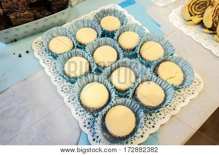 Argentine cookies alfajor close-up on a plate on the table