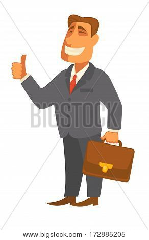 Businessman man with briefcase in hand vector flat icon. Director or boss of company in office suit with thumb up gesture