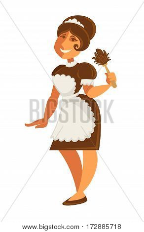 Maid or housekeeper woman in apron dress. Hotel room service or cleaning house parlormaid profession worker. Vector isolated flat icon