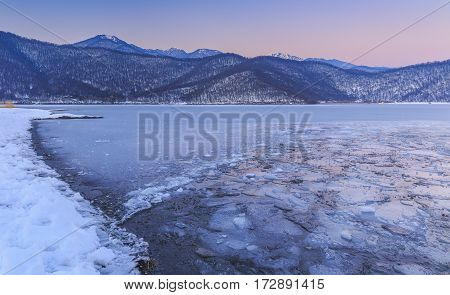 Frozen lake Nohur Gabala Azerbaijan nature backdrop
