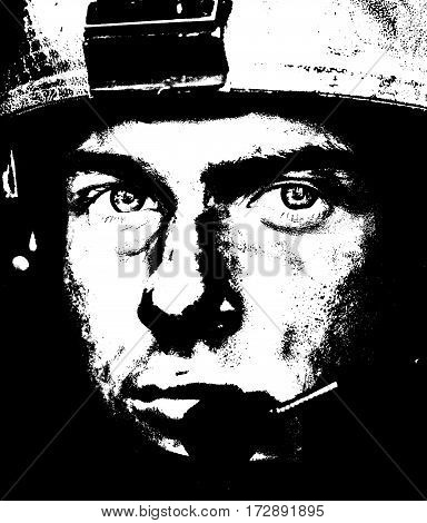 Smoked face of US Army Ranger wearing combat helmet. Closeup portrait. Bright eyes of soldier, young boy at war, sacrifice concept